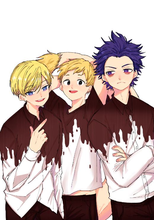 3boys arms_behind_back black_eyes blonde_hair blue_eyes boku_no_hero_academia bright_pupils long_sleeves male_focus matching_outfit monoma_neito multiple_boys ojiro_mashirao pointing purple_hair shinsou_hitoshi shirt simple_background smile t-shirt tail upper_body violet_eyes white_background