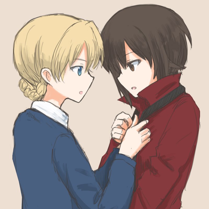 2girls blue_eyes braid brown_eyes brown_hair collared_shirt darjeeling french_braid from_side girls_und_panzer kuromorimine_school_uniform multiple_girls mutsu_(layergreen) nishizumi_maho open_mouth shirt short_hair sketch st._gloriana's_school_uniform tan_background upper_body