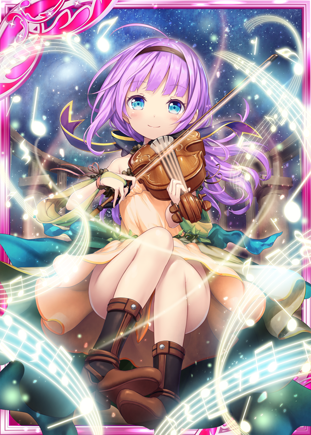 1girl akkijin blue_eyes boots bow_(instrument) card_(medium) dress instrument looking_at_viewer multicolored multicolored_clothes multicolored_dress music musical_note night night_sky official_art outdoors pink_hair playing_instrument purple_ribbon ribbon shinkai_no_valkyrie sky smile solo star star_(sky) starry_sky violin yellow_dress