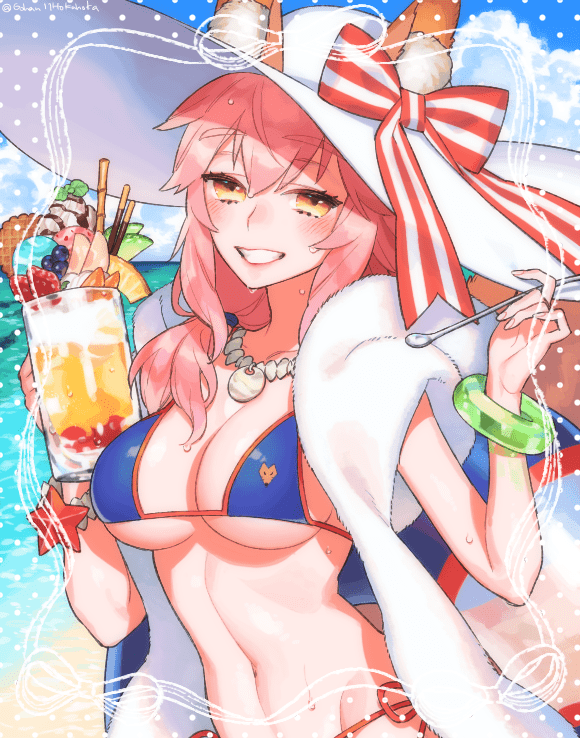 1girl bangs beer_mug bikini blue_bikini blueberry blush bow bracelet breasts cleavage clouds cloudy_sky collarbone cup day eyebrows_visible_through_hair fate/extra fate/grand_order fate_(series) food fox_tail fruit grin hat hat_bow holding holding_cup holding_food holding_spoon ice_cream innertube jewelry kitsune kiwi_slice large_breasts long_hair looking_at_viewer navel necklace ocean orange orange_slice outdoors parfait peach pink_hair pink_lips pocky red_bow sara_(kurome1127) sky smile solo spoon strawberry striped striped_bow sun_hat swimsuit tail tamamo_(fate)_(all) tamamo_no_mae_(swimsuit_lancer)_(fate) towel under_boob upper_body wafer_stick waffle wet white_hat white_towel yellow_eyes