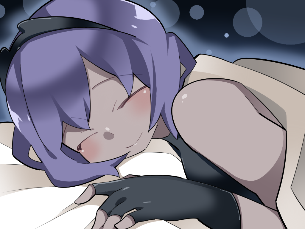 1girl bangs black_gloves black_hairband blush closed_eyes eyebrows_visible_through_hair fate/grand_order fate_(series) fingerless_gloves gloves hairband hammer_(sunset_beach) hassan_of_serenity_(fate) purple_hair short_hair sleeping smile solo