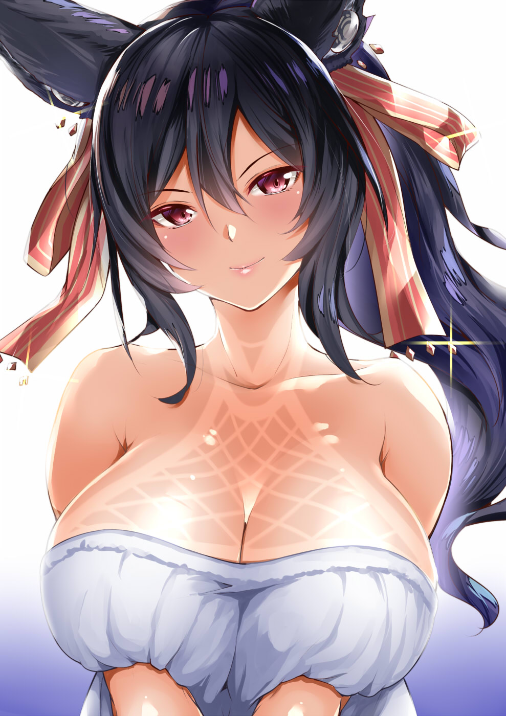 1girl amasora_taichi animal_ears bikini_tan black_hair blush breast_press breasts commentary_request dress erune granblue_fantasy hair_between_eyes hair_ornament highres ilsa large_breasts lips long_hair looking_at_viewer off-shoulder_dress off_shoulder pink_lips ponytail red_eyes simple_background solo swimsuit tan tanline upper_body white_background white_dress