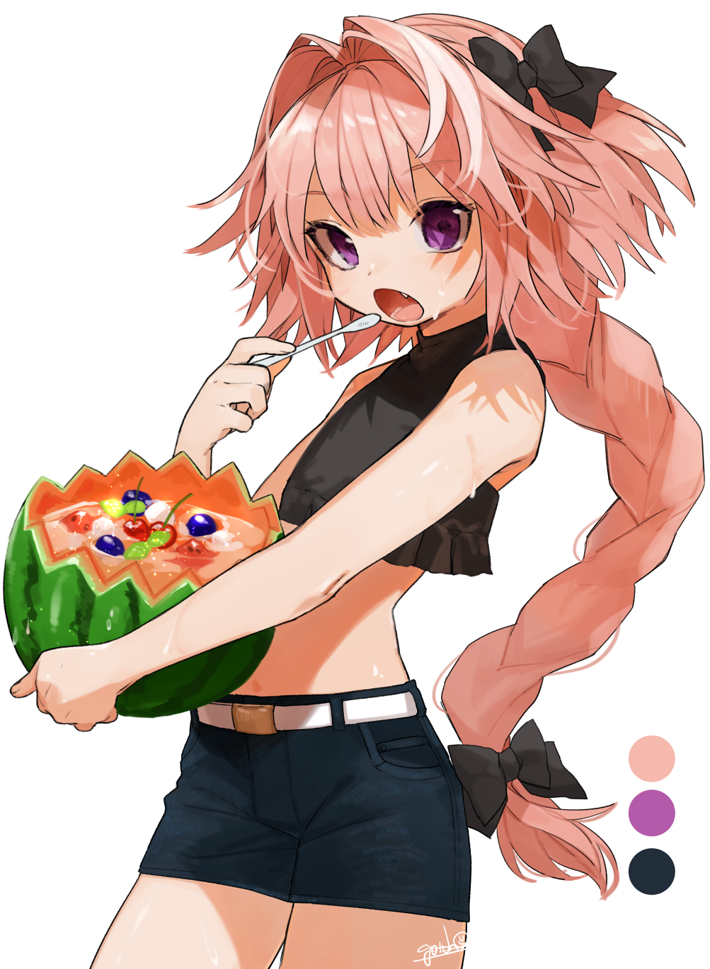 1boy artist_name astolfo_(fate) bangs bare_arms bare_shoulders belt black_shirt blueberry cherry circle commentary_request cowboy_shot crop_top denim denim_shorts eyebrows_visible_through_hair fang fate/apocrypha fate/grand_order fate_(series) food fruit gotoh510 hair_intakes hand_up highres holding holding_fruit holding_spoon long_braid long_hair looking_at_viewer male_focus midriff open_mouth pink_hair shirt short_shorts shorts signature sleeveless sleeveless_shirt spoon standing trap very_long_hair violet_eyes watermelon