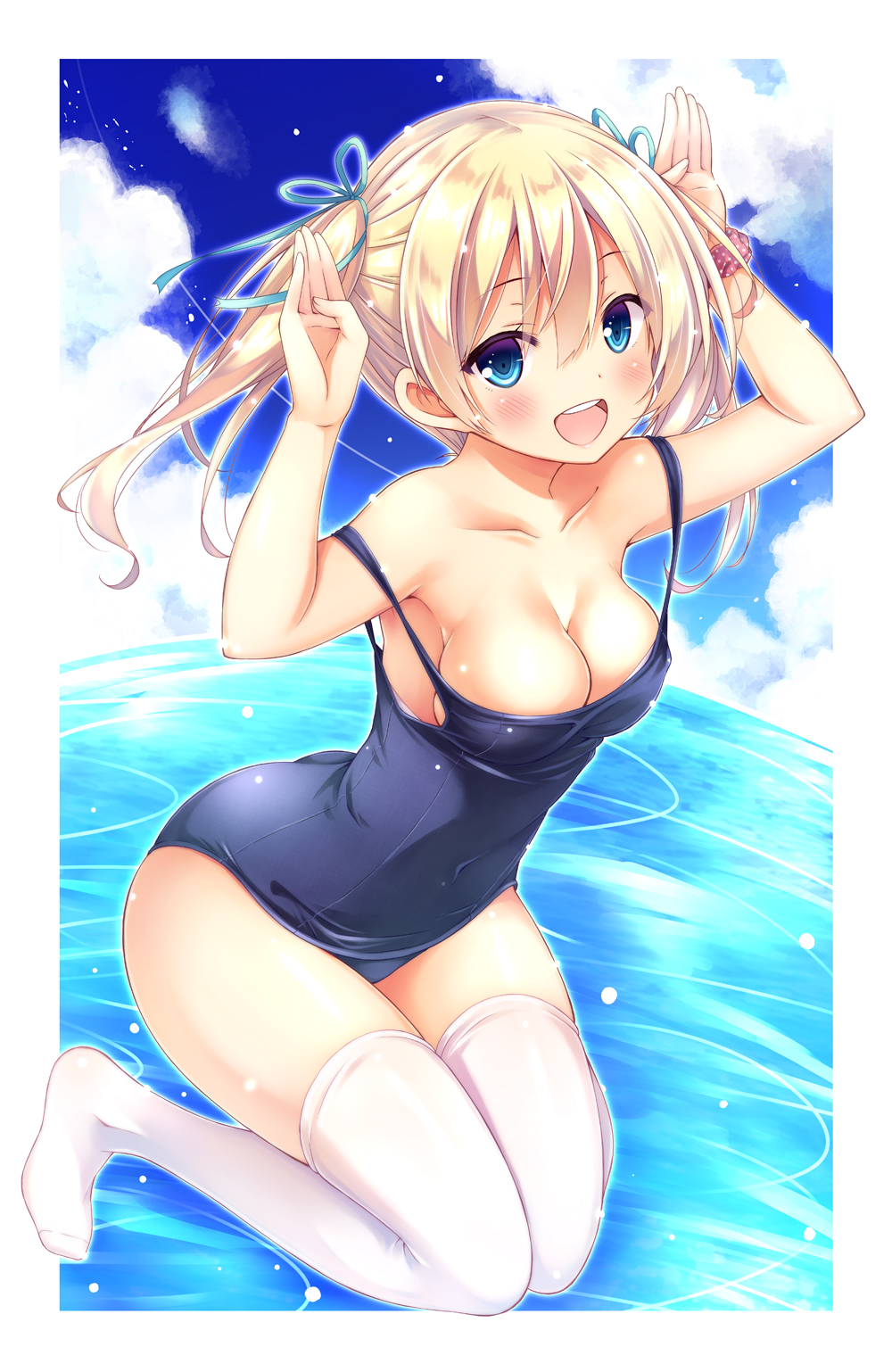 1girl :d armpits arms_up bangs bare_arms bare_shoulders blonde_hair blue_eyes blue_sky blue_swimsuit blush breasts bunny_pose cleavage clouds cloudy_sky collarbone commentary_request covered_navel day eyebrows_visible_through_hair fingernails green_ribbon hair_between_eyes hair_ribbon highres horizon knees_together_feet_apart long_hair medium_breasts no_shoes ocean one-piece_swimsuit open_mouth original polka_dot polka_dot_scrunchie red_scrunchie ribbon round_teeth ryo school_swimsuit scrunchie sky smile solo swimsuit teeth thigh-highs twintails upper_teeth water white_legwear wrist_scrunchie