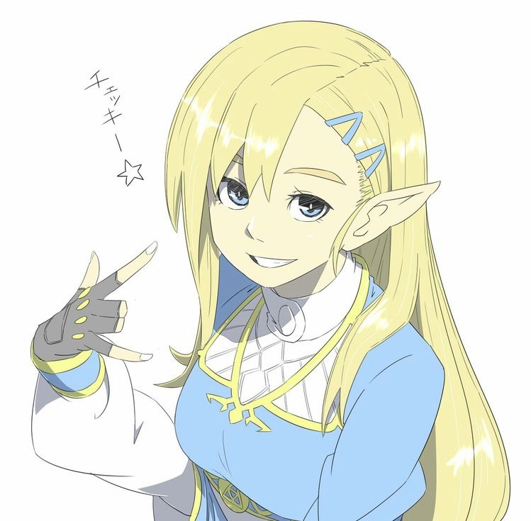 1girl alternate_hairstyle artist_request bangs blonde_hair blue_eyes breasts hair_behind_ear hair_ornament long_hair looking_at_viewer pointy_ears princess_zelda simple_background smile solo source_request the_legend_of_zelda the_legend_of_zelda:_breath_of_the_wild translated white_background