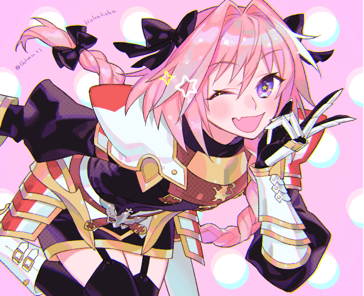 1boy armor astolfo_(fate) bangs belt black_bow black_legwear blush bow braid elbow_gloves eyebrows_visible_through_hair fang fate/apocrypha fate/grand_order fate_(series) garter_straps gauntlets gloves hair_bow happy long_hair long_sleeves looking_at_viewer multicolored_hair one_eye_closed open_mouth pauldrons pink_background pink_hair polka_dot polka_dot_background sara_(kurome1127) single_braid smile star star-shaped_pupils symbol-shaped_pupils thigh-highs twitter_username two-tone_hair v violet_eyes white_hair