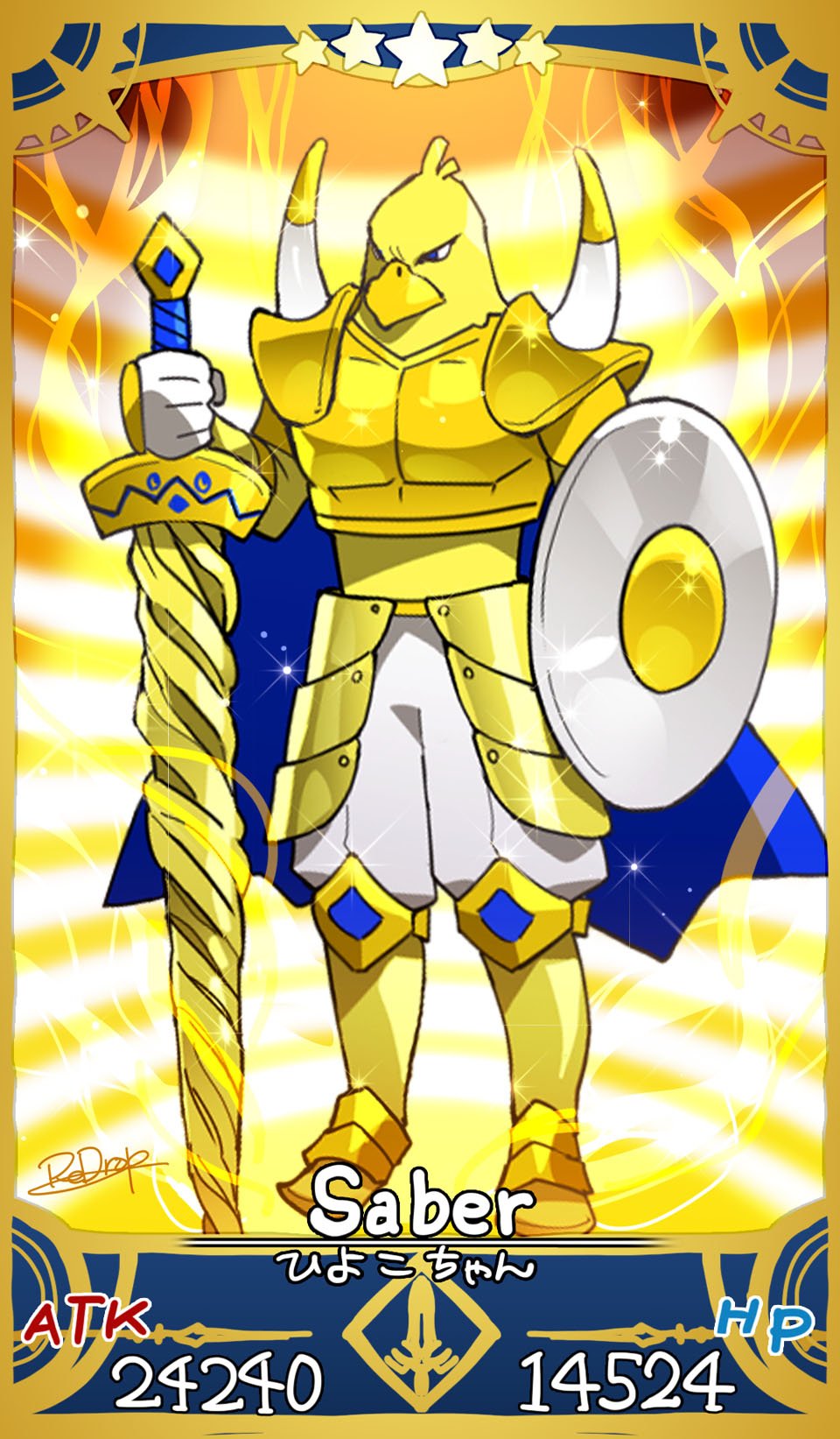 1boy armor armored_boots bird bird_man black_eyes boots card_(medium) card_parody chick commentary_request fate/grand_order fate_(series) food full_body gold_armor highres hiyoko-chan holding holding_weapon mascot nissin noodles pants parody ramen redrop serious servant_card_(fate/grand_order) shield signature solo sword weapon white_pants