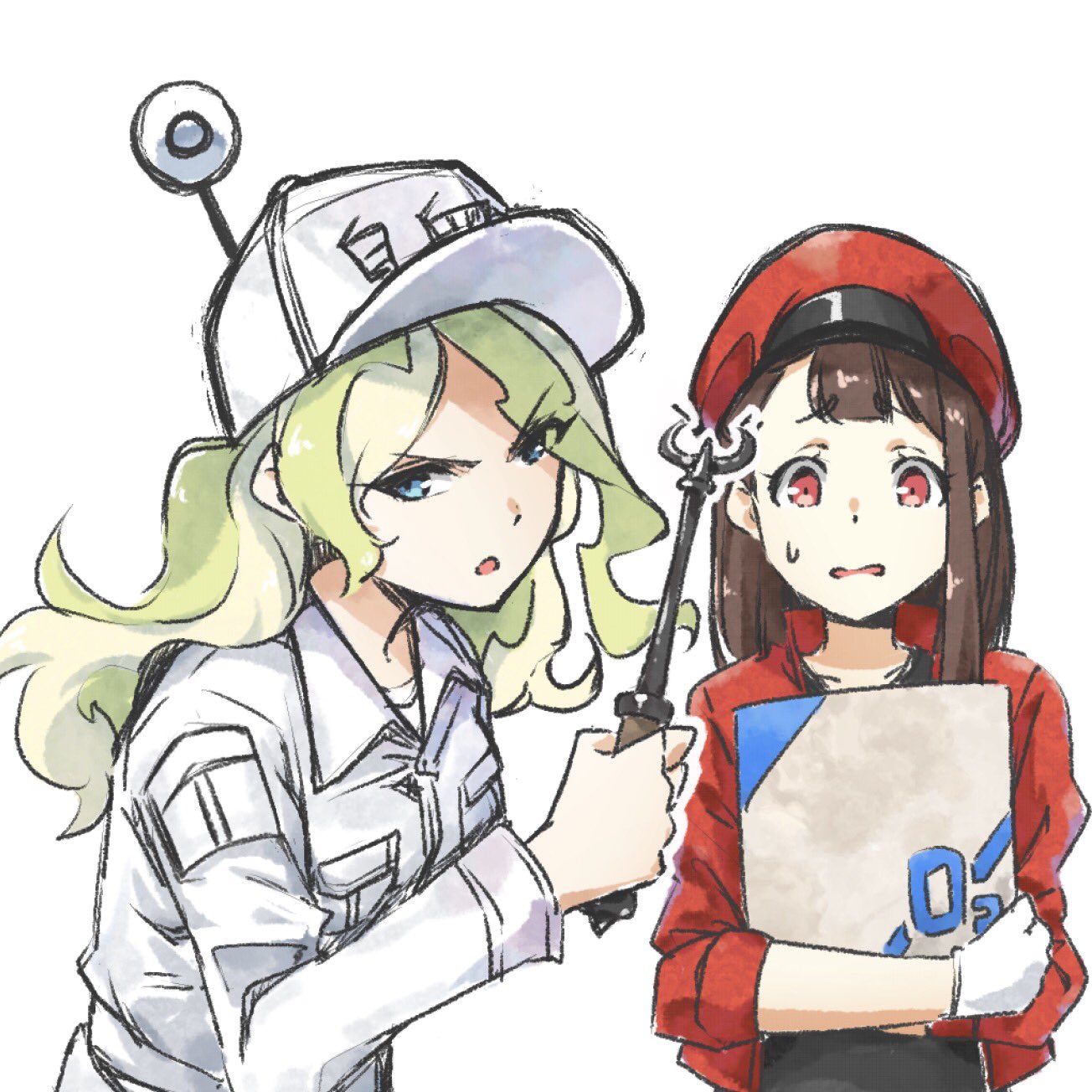 2girls alternate_costume blue_eyes blush brown_hair cabbie_hat cosplay employee_uniform glaring gloves green_hair hat hataraku_saibou highres little_witch_academia multiple_girls open_mouth red_blood_cell_(hatataku_saibou) red_blood_cell_(hatataku_saibou)_(cosplay) redhead seren_lwa simple_background sweatdrop uniform upper_body white_background white_blood_cell_(hataraku_saibou) white_blood_cell_(hataraku_saibou)_(cosplay)