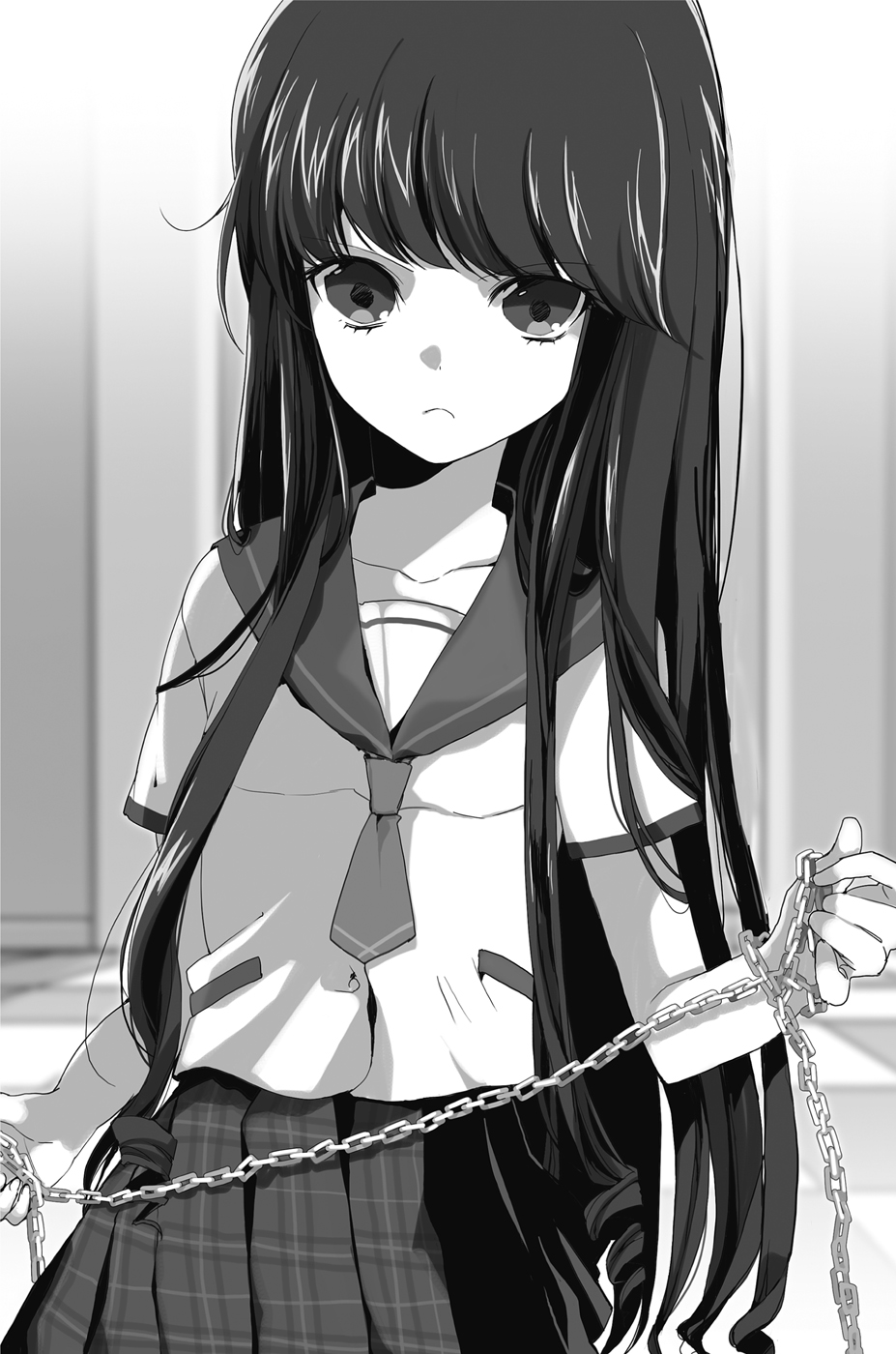 1girl bangs checkered checkered_floor collarbone eyebrows_visible_through_hair greyscale highres holding_chain long_hair looking_at_viewer manyako_(mohumohu) monochrome novel_illustration official_art pleated_skirt school_uniform serafuku shirt short_sleeves skirt solo standing strike_the_blood very_long_hair