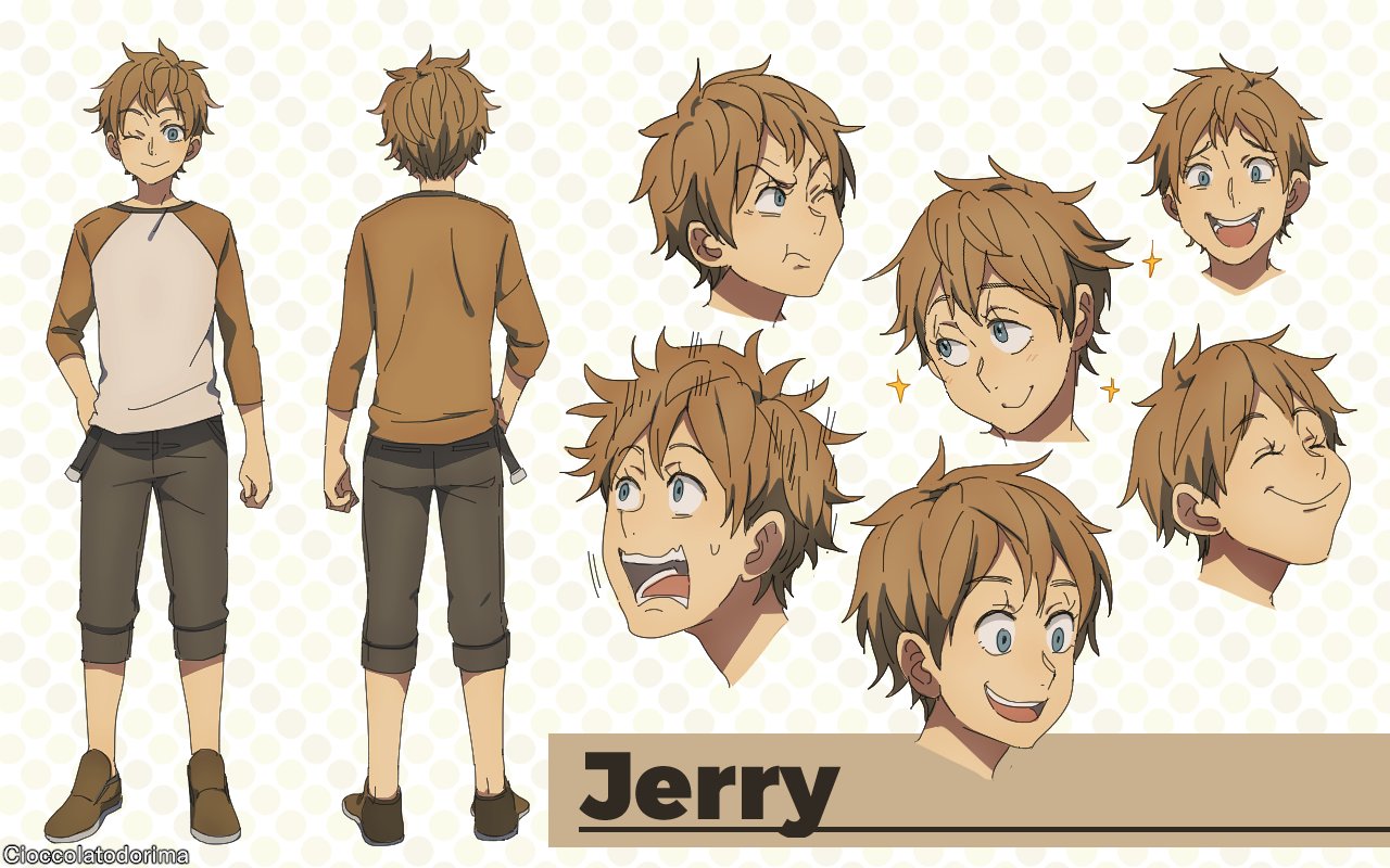 1boy back belt blue_eyes brown_footwear brown_hair brown_shirt child eyelashes full_body grey_eyes grey_pants happy humanization jerry_(tom_and_jerry) long_sleeves looking_at_viewer looking_to_the_side meme one_eye_closed pants rosel-d shirt smile standing sweatdrop tom_and_jerry