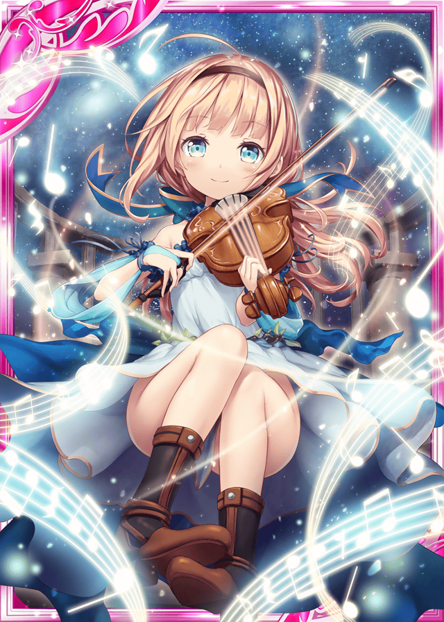 1girl akkijin blonde_hair blue_eyes blue_ribbon boots bow_(instrument) card_(medium) dress instrument looking_at_viewer music musical_note night night_sky official_art outdoors playing_instrument ribbon shinkai_no_valkyrie sky smile solo star star_(sky) starry_sky violin white_dress