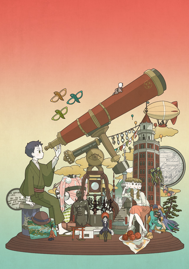 2boys 2girls aircraft barefoot black_hair blimp brown_hair building bust_(sculpture) camera climbing clouds dirigible eyewear_removed glasses gradient gradient_background hat hat_removed head headwear_removed japanese_clothes miniboy minigirl multiple_boys multiple_girls original painting_(object) pink_hair shoes sitting sneakers tagme telescope tokyo_mononoke torii tree white_skin zootrope