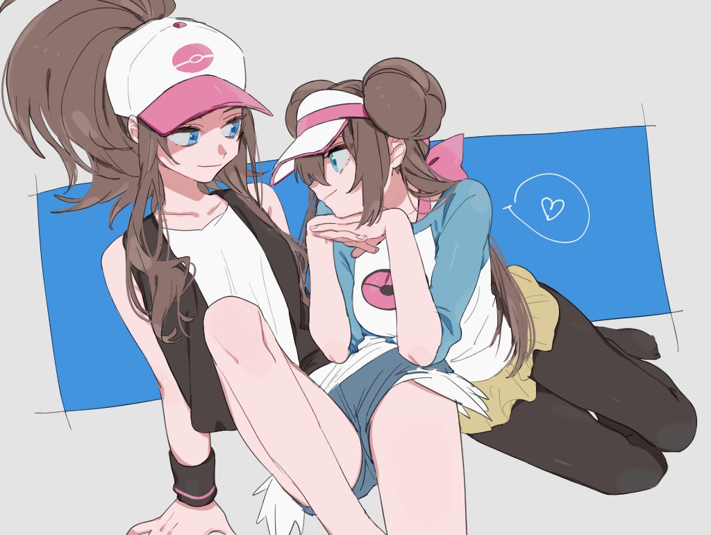 arm_support bangs baseball_cap black_legwear black_wristband blue_eyes breasts brown_hair cutoffs double_bun full_body hat heart hips itou_(very_ito) knees_up legwear_under_shorts long_hair long_sleeves mei_(pokemon) pantyhose pokemon pokemon_(game) pokemon_bw pokemon_bw2 reclining shirt shorts simple_background sitting smile spread_legs touko_(pokemon) visor_cap yellow_shorts yuri