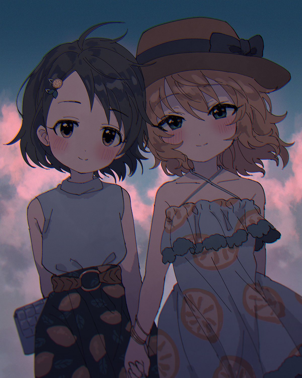 2girls arm_behind_back bangs bare_arms bare_shoulders belt black_hair blonde_hair blush bow bracelet brown_eyes clouds commentary dress eyebrows_visible_through_hair fingernails green_eyes hair_ornament hairclip hand_holding hat hat_bow highres idolmaster idolmaster_cinderella_girls jewelry lemon_print light_smile looking_at_viewer medium_hair multiple_girls outdoors sakurai_momoka sasaki_chie shinonoko_(tubamecider) short_hair sky sleeveless turtleneck upper_body