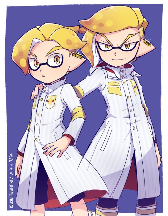 2boys blonde_hair boots brothers earrings emperor_(splatoon) inkling jewelry long_sleeves multiple_boys pointy_ears prince_(splatoon) shorts siblings smile splatoon splatoon_(manga) tentacle_hair yellliw_eyes