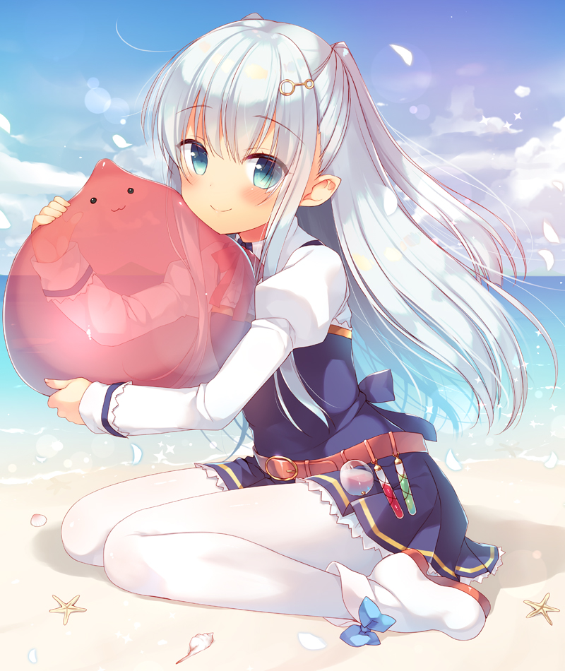 1girl :3 bech belt blue_eyes blush boots clouds commentary_request day eyebrows_visible_through_hair flask hair_ornament hairclip holding juliet_sleeves long_hair long_sleeves looking_at_viewer outdoors pantyhose pointy_ears puffy_sleeves sazaki_ichiri seashell shell silver_hair slime slime_tensei._taikensha_ga_youjo_elf_ni_dakishimeraretemasu smile solo starfish two_side_up water white_footwear white_legwear