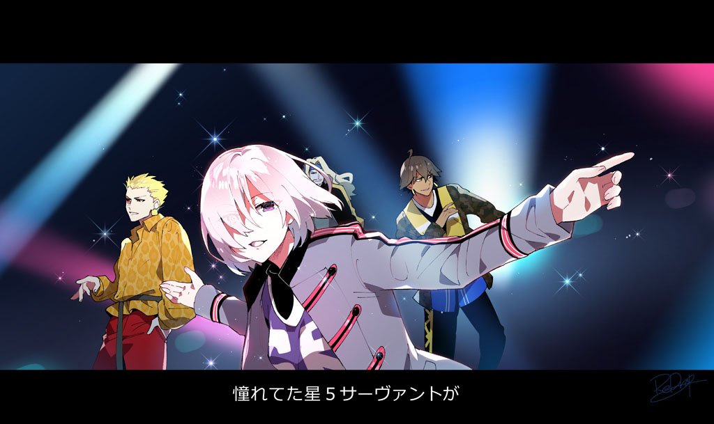 1girl 3boys ahoge animal_print blonde_hair brown_hair da_pump dancing eyes_visible_through_hair fate/grand_order fate_(series) gilgamesh hand_on_hip jersey lavender_hair leopard_print letterboxed looking_at_viewer lyrics mash_kyrielight multiple_boys outstretched_arms ozymandias_(fate) pants parody parted_lips platinum_blonde red_pants redrop short_hair stage_lights u.s.a. vlad_iii_(fate/apocrypha)