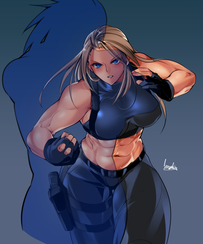 1girl abs artist_name black_gloves blue_eyes blush bowalia breasts brown_hair clenched_hand commentary cowboy_shot gloves gradient gradient_background gun handgun holstered_weapon large_breasts long_hair midriff muscle muscular_female navel original pants parted_lips partly_fingerless_gloves pistol serious shirt signature silhouette simple_background sleeveless sleeveless_shirt weapon