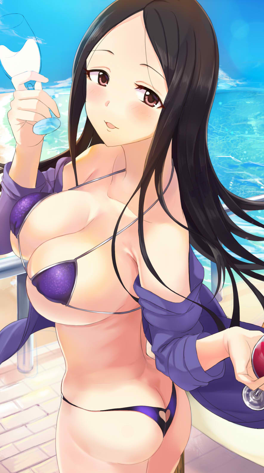 1girl alcohol ashita_(2010) ass bangs bare_shoulders beach bikini black_hair blue_sky blush breasts brown_eyes butt_crack cleavage collarbone cup drinking_glass highres hiiragi_shino hips idolmaster idolmaster_cinderella_girls jacket large_breasts long_hair looking_at_viewer looking_back ocean off_shoulder open_clothes open_jacket parted_bangs parted_lips purple_bikini purple_jacket sky smile solo swimsuit waist wine_glass
