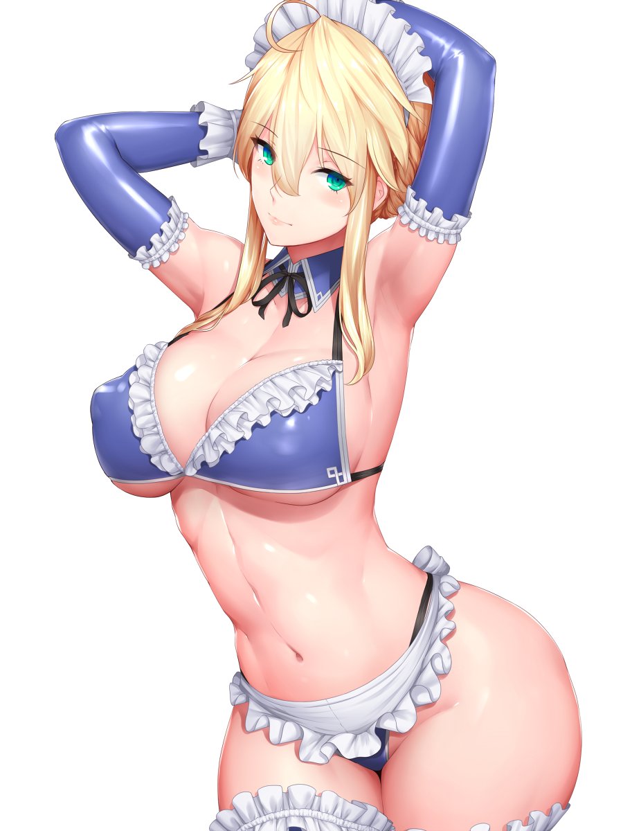 1girl ahoge apron armpits arms_up artoria_pendragon_(all) artoria_pendragon_(lancer) bikini blonde_hair blue_bikini blue_gloves breasts commentary_request elbow_gloves fate/grand_order fate_(series) gloves green_eyes highres kageshio_(276006) large_breasts long_hair looking_at_viewer maid_headdress navel shiny shiny_skin simple_background solo standing swimsuit thigh-highs white_background