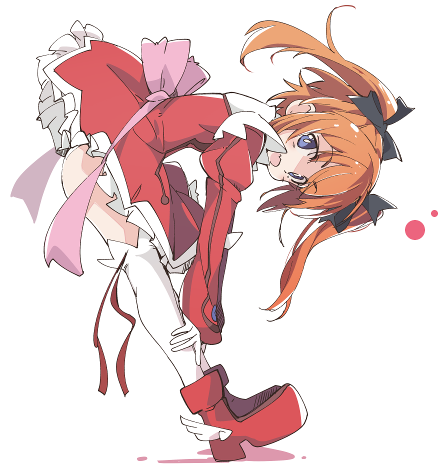 1girl bent_over black_ribbon blue_eyes blush character_request copyright_request dress hair_ribbon ixy long_sleeves looking_at_viewer magical_girl open_mouth orange_hair pink_ribbon red_dress red_footwear red_ribbon ribbon shoes short_hair simple_background solo standing thigh-highs twintails white_background white_legwear