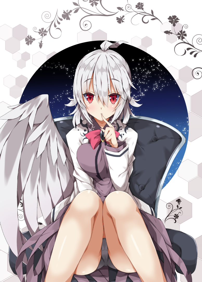 1girl ahoge bangs black_panties blush bow brooch closed_mouth commentary_request dress eyebrows_visible_through_hair feathered_wings finger_to_mouth fingernails grey_wings hair_between_eyes jacket jewelry kishin_sagume long_sleeves milkpanda night night_sky open_clothes open_jacket panties pantyshot pantyshot_(sitting) purple_dress red_bow red_eyes silver_hair single_wing sitting sky solo star_(sky) starry_sky thighs touhou underwear white_jacket wings