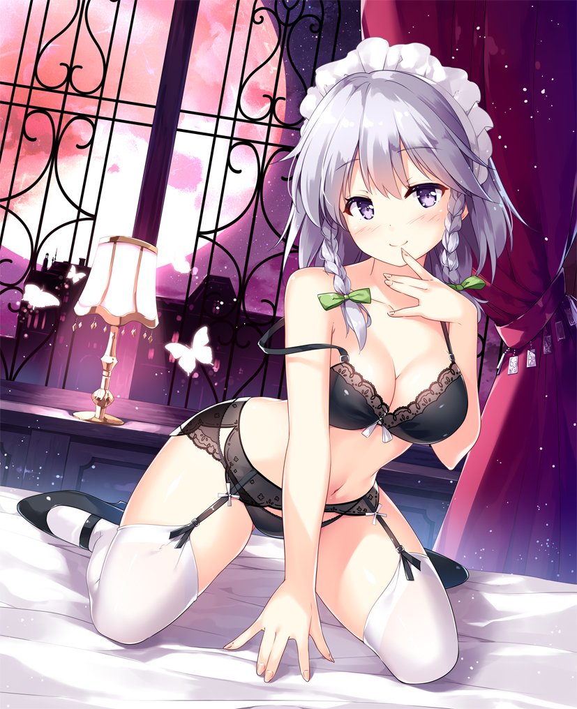 1girl apron bare_arms bare_shoulders bed black_bra black_footwear black_panties blush bow bra braid breasts bug butterfly cleavage collarbone commentary_request curtains dress dutch_angle eyebrows_visible_through_hair finger_to_mouth garter_belt green_bow hair_bow hand_up head_tilt indoors insect izayoi_sakuya lace lace-trimmed_bra lamp large_breasts light_particles looking_at_viewer maid_headdress mary_janes miyase_mahiro moon navel panties petticoat puffy_short_sleeves puffy_sleeves red_moon shoes short_dress short_hair short_sleeves silver_hair sitting smile solo stomach strap_slip thigh-highs thighs touhou twin_braids underwear underwear_only violet_eyes wariza white_apron white_legwear window