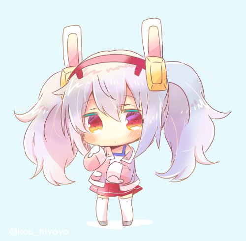 1girl animal_ears azur_lane bangs blue_background blush camisole chibi closed_mouth commentary_request eyebrows_visible_through_hair full_body grey_footwear hair_between_eyes hair_ornament hairband hand_up jacket kouu_hiyoyo laffey_(azur_lane) long_hair long_sleeves looking_at_viewer lowres off_shoulder pink_jacket pleated_skirt rabbit_ears red_eyes red_hairband red_skirt silver_hair skirt sleeves_past_fingers sleeves_past_wrists solo standing thigh-highs twintails twitter_username very_long_hair white_camisole white_legwear