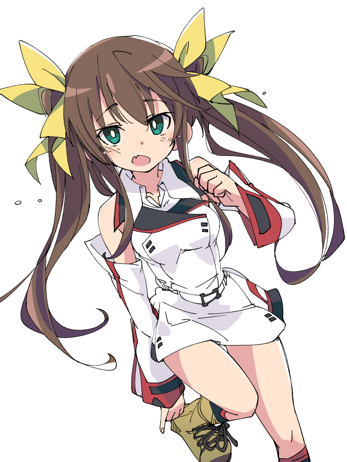 1girl brown_hair detached_sleeves eyebrows_visible_through_hair fang green_eyes hair_ribbon huang_lingyin infinite_stratos ixy long_hair looking_at_viewer open_mouth ribbon simple_background solo standing standing_on_one_leg uniform white_background yellow_ribbon
