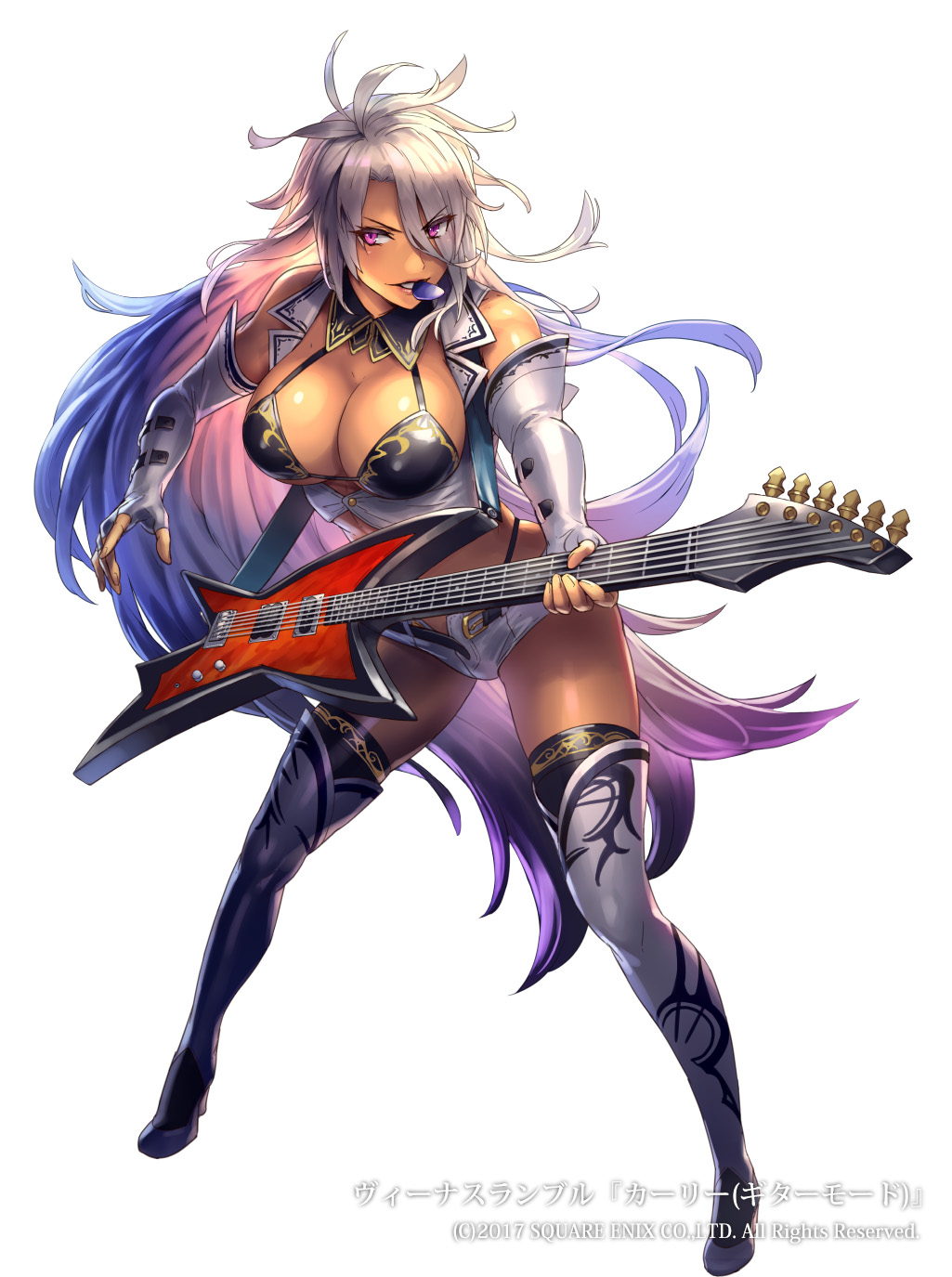 1girl bangs bare_shoulders belt boots breasts buttons cleavage commentary_request copyright_name cuboon dark_skin elbow_gloves electric_guitar eyebrows_visible_through_hair fingerless_gloves full_body gloves guitar hair_over_one_eye highres holding instrument large_breasts lips long_hair midriff mouth_hold official_art plectrum shiny shiny_clothes shiny_skin short_shorts shorts silver_hair simple_background sleeveless solo thigh-highs thigh_boots venus_rumble very_long_hair violet_eyes white_background