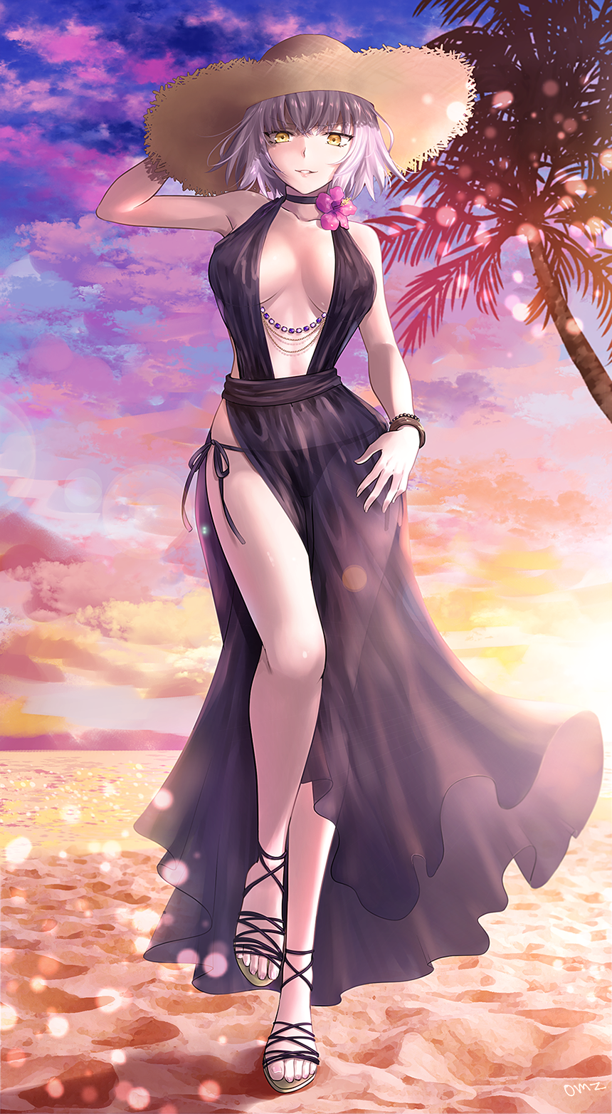 1girl alternate_costume beach breasts choker cleavage clouds fate/grand_order fate_(series) flower_choker from_below hand_on_hip hat highres holding holding_hat jeanne_d'arc_(alter)_(fate) jeanne_d'arc_(fate)_(all) large_breasts ocean palm_tree panties sand sandals side-tie_panties sky solo spread_legs standing standing_on_one_leg straw_hat sushimaro thighs tree underwear water