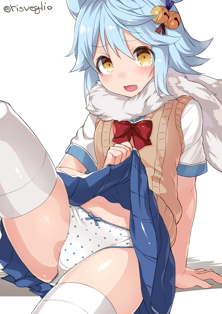 1girl animal_ears arm_support azur_lane bangs bell blue_bow blue_hair blue_skirt blush bow bow_panties bowtie brown_sweater commentary_request eyebrows_visible_through_hair fang fubuki_(azur_lane) hair_bell hair_between_eyes hair_ornament jingle_bell knee_up long_hair looking_at_viewer medium_skirt open_mouth panties pleated_skirt polka_dot polka_dot_panties red_bow red_neckwear scarf school_uniform shiny shiny_hair shiny_skin shirt shoes short_sleeves simple_background sitting skirt skirt_lift solo sweater sweater_vest thigh-highs thighs torimaru twitter_username underwear white_background white_legwear white_panties white_shirt yellow_eyes