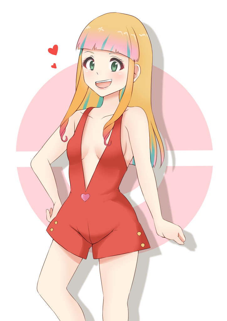 1girl :d aqua_eyes bangs bare_shoulders blonde_hair blunt_bangs breasts gradient_hair green_eyes hand_on_hip heart kamikitayotsuba long_hair looking_at_viewer medium_breasts multicolored_hair naked_overalls no_bra open_mouth overalls pink_hair pokeball_symbol pokemon pokemon:_minna_no_monogatari pokemon_(anime) pokemon_(game) risa_(pokemon) smile solo standing