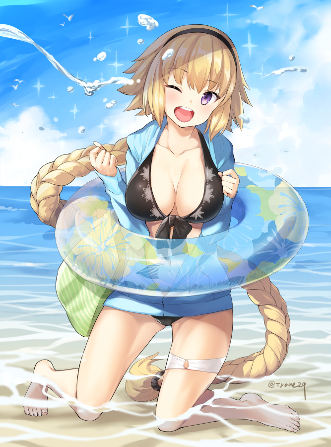 1girl ;d absurdly_long_hair bangs barefoot bikini black_bikini black_hairband blonde_hair blue_innertube blue_jacket blue_sky blush braid breasts cleavage clouds cloudy_sky collarbone commentary_request day eyebrows_visible_through_hair fate/apocrypha fate/grand_order fate_(series) front-tie_bikini front-tie_top hair_between_eyes hairband head_tilt hood hood_down hooded_jacket horizon innertube jacket jeanne_d'arc_(fate) jeanne_d'arc_(fate)_(all) kneeling long_hair long_sleeves looking_at_viewer medium_breasts ocean one_eye_closed open_clothes open_jacket open_mouth outdoors round_teeth sand sky sleeves_past_wrists smile solo swimsuit teeth transparent twitter_username tyone upper_teeth very_long_hair violet_eyes water