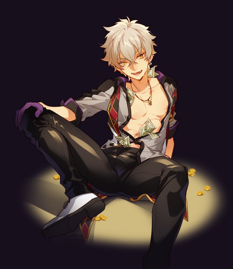 1boy arm_support black_background black_pants coin ensemble_stars! jewelry male_focus money necklace nipple_slip nipples oogami_koga open_clothes open_mouth open_shirt pants silver_hair simple_background siruphial solo spotlight white_footwear yellow_eyes