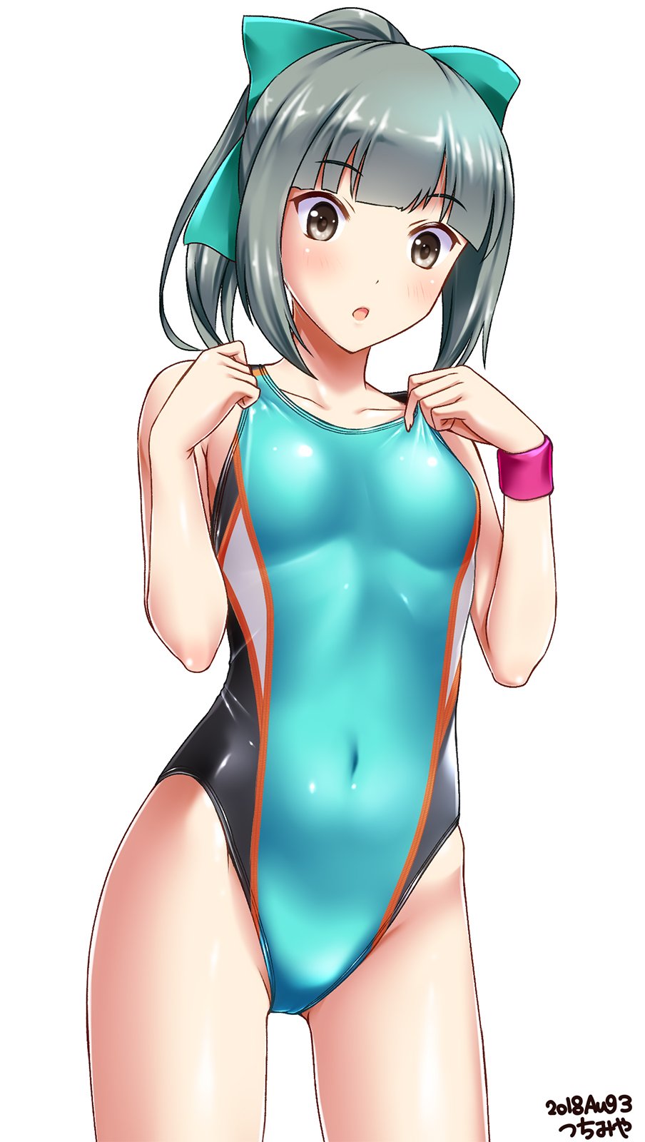 1girl alternate_hairstyle aqua_swimsuit artist_name brown_eyes competition_swimsuit covered_navel dated flat_chest grey_hair highres kantai_collection looking_down one-piece_swimsuit open_mouth ponytail short_hair simple_background solo standing swimsuit thigh_gap tsuchimiya white_background wristband yuubari_(kantai_collection)