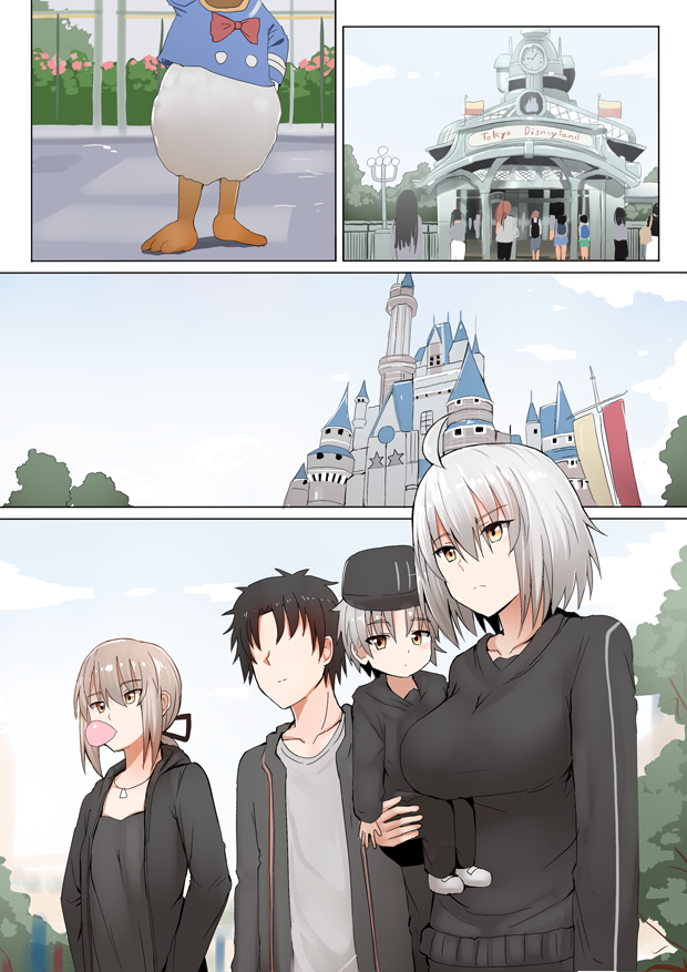 ahoge artoria_pendragon_(all) breasts brown_hair bubble_blowing comic commentary_request disney disneyland donald_duck faceless faceless_male fate/grand_order fate_(series) father_and_son fujimaru_ritsuka_(male) hair_ribbon hat jeanne_d'arc_(alter)_(fate) jeanne_d'arc_(fate)_(all) jewelry large_breasts mother_and_son necklace ribbon saber_alter short_hair silent_comic silver_hair