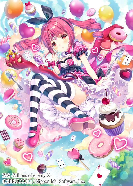 1girl ace_of_hearts balloon bangs blue_sky blush candy_wrapper card club_(shape) commentary_request copyright_request cupcake day diamond_(shape) doughnut error eyebrows_visible_through_hair food forehead_jewel fork hand_up heart looking_at_viewer mary_janes official_art outdoors parted_lips pink_footwear playing_card puffy_short_sleeves puffy_sleeves red_eyes red_shirt redhead ringlets shirt shoes short_sleeves skirt sky solo spoon striped striped_legwear thigh-highs twintails vertical_stripes wasabi_(sekai) watermark white_skirt