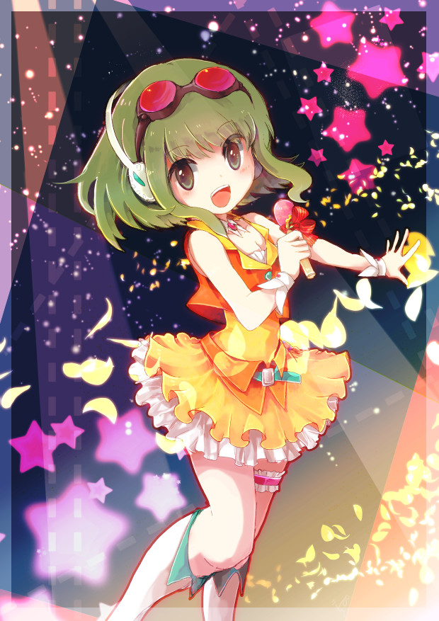 1girl bangs bare_shoulders boots detached_collar dextral dress eyebrows_visible_through_hair eyes_visible_through_hair goggles goggles_on_head green_eyes green_hair gumi headphones holding holding_microphone leg_garter looking_at_viewer microphone orange_vest short_dress short_hair sleeveless sleeveless_dress solo star vest vocaloid white_footwear wrist_cuffs yellow_dress