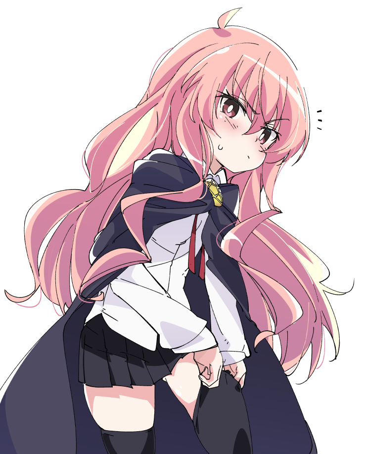 1girl adjusting_clothes adjusting_legwear black_cape black_legwear black_skirt blush cape ixy long_hair long_sleeves looking_at_viewer louise_francoise_le_blanc_de_la_valliere pentacle pink_eyes pink_hair pleated_skirt pout shirt skirt solo standing white_shirt zero_no_tsukaima