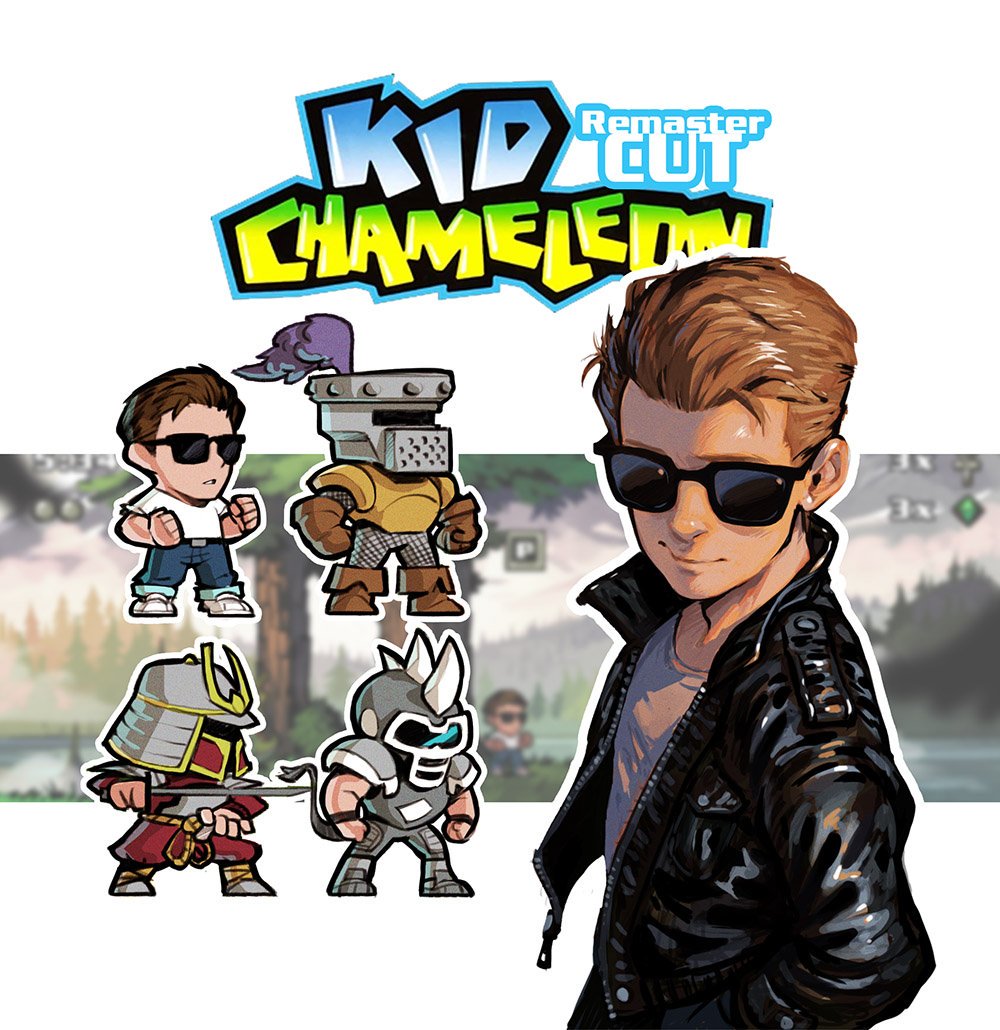 4boys armor ben_fiquet black_jacket brown_hair chibi commentary denim hair_slicked_back jacket jeans kid_chameleon kid_chameleon_(game) knight leather leather_jacket logo looking_at_viewer male_focus multiple_boys pants samurai shoes sneakers spiked_helmet sunglasses tail