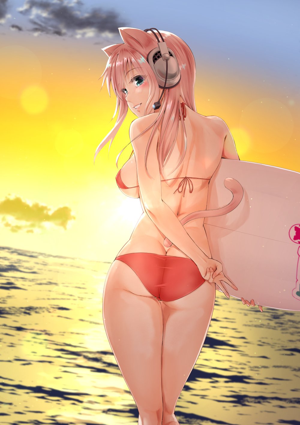 1girl animal_ears ass bikini breasts cat_ears cat_tail clouds cowboy_shot evening from_behind ganari_ryuu green_eyes headphones headset highres large_breasts long_hair looking_at_viewer looking_back ocean orange_(color) original pink_hair red_bikini sideboob sky smile solo standing sun sunset super_tama_musume surfboard swimsuit tail tamatoys thighs water