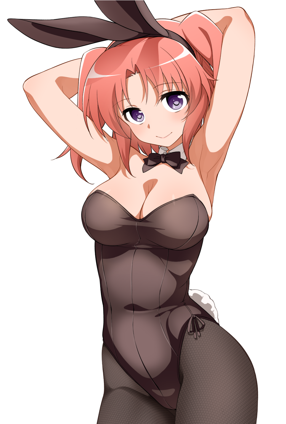 1girl animal_ears armpits arms_behind_head arms_up bare_shoulders bow bowtie breasts bunny_tail bunnysuit character_request cleavage cowboy_shot detached_collar fake_animal_ears fishnet_pantyhose fishnets hatakenaka_(kamagabuchi) highres idolmaster large_breasts looking_at_viewer medium_breasts pantyhose pink_hair rabbit_ears short_hair smile solo tail violet_eyes white_background