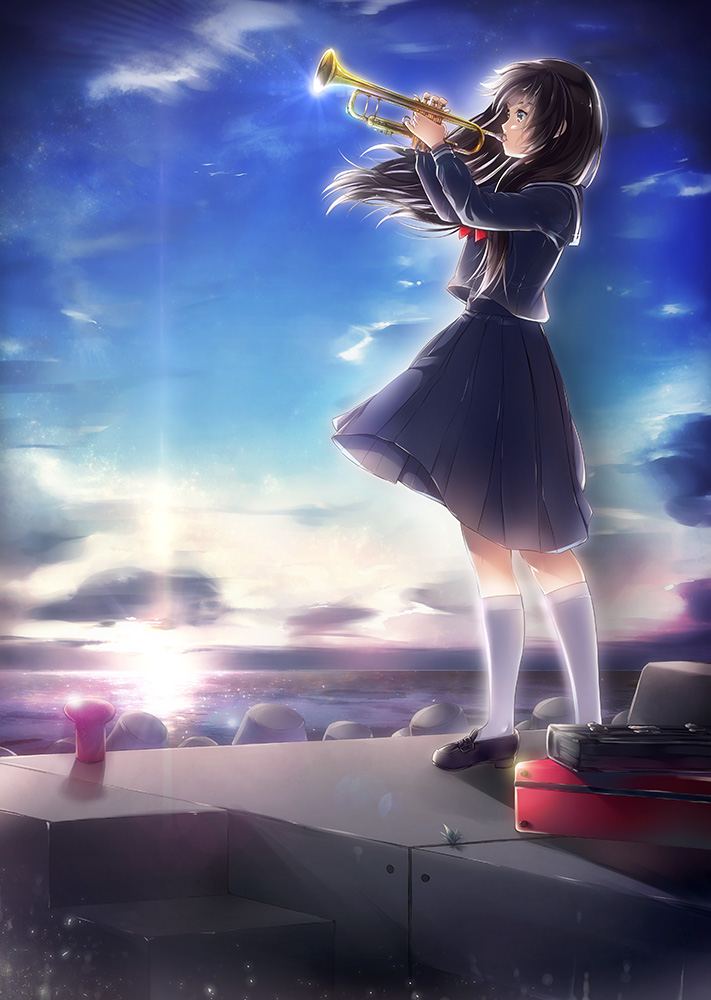 1girl black_footwear black_hair black_skirt blue_sky clouds full_body glint instrument instrument_case kneehighs long_hair looking_to_the_side music original outdoors playing_instrument school_uniform serafuku shino_(lunar_crescent) skirt sky solo standing trumpet twilight water white_legwear