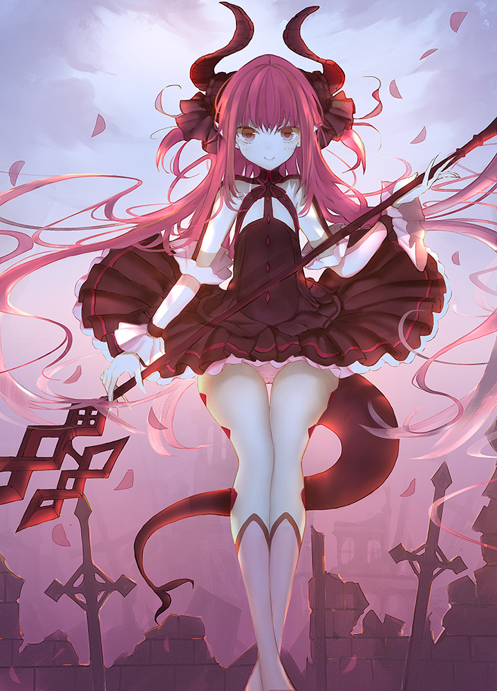 1girl asymmetrical_horns bangs black_dress black_ribbon blush boots brown_eyes closed_mouth clouds cloudy_sky commentary_request curled_horns dragon_girl dragon_tail dress elizabeth_bathory_(fate) elizabeth_bathory_(fate)_(all) eyebrows_visible_through_hair fate/extra fate/extra_ccc fate_(series) hair_between_eyes hair_ribbon holding horns knee_boots long_hair outdoors panties petals pink_hair pink_panties pleated_dress ribbon senya_fuurin sky smile solo tail two_side_up underwear very_long_hair white_footwear