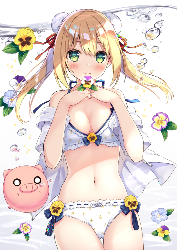 1girl air_bubble animal anzu_(sumisaki_yuzuna) bangs bare_shoulders bikini blonde_hair blue_flower breasts bubble bun_cover cleavage closed_mouth commentary_request double_bun eyebrows_visible_through_hair flower green_eyes hair_between_eyes hair_ribbon hands_up holding holding_flower jacket navel off_shoulder original pig purple_flower red_ribbon ribbon short_sleeves side_bun small_breasts smile solo sumisaki_yuzuna swimsuit twintails water_drop white_bikini white_flower white_jacket yellow_flower