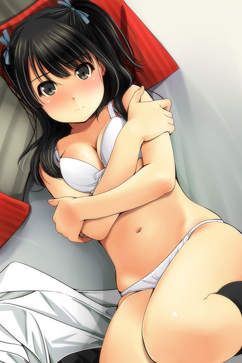 1girl bangs bare_arms bare_shoulders black_eyes black_hair black_legwear blue_ribbon blush bow bow_bra bra breasts cleavage closed_mouth collarbone commentary_request crossed_arms dutch_angle eyebrows_visible_through_hair fingernails hair_between_eyes hair_ribbon highres kneehighs long_hair looking_at_viewer lying matsunaga_kouyou medium_breasts navel nose_blush on_side original panties pillow ribbon solo thighs two_side_up underwear white_bra white_panties