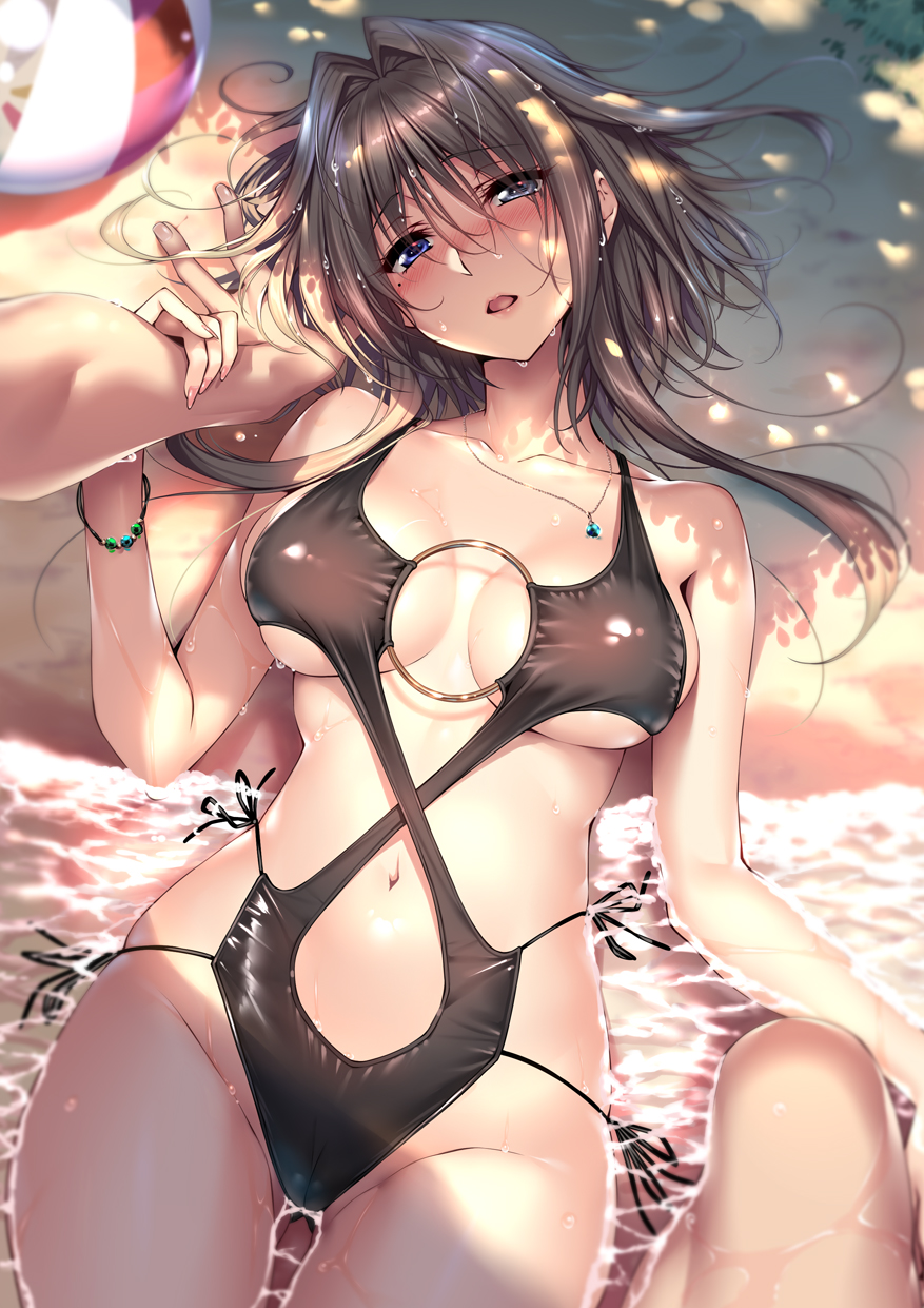 1girl amakano arm_grab beach black_swimsuit blue_eyes breasts brown_hair commentary_request cowboy_shot eyebrows_visible_through_hair fingernails hair_intakes head_tilt highres jewelry kanbayashi_mizuki large_breasts long_fingernails lying mole mole_under_eye navel necklace o-ring o-ring_swimsuit on_back out_of_frame outdoors partially_submerged piromizu short_hair short_hair_with_long_locks side-tie_swimsuit solo_focus swimsuit water wet wet_hair