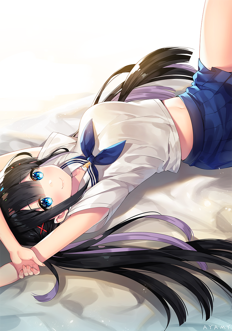 1girl ayamy bangs black_hair blue_eyes blue_skirt blunt_bangs blush breasts closed_mouth commentary_request hair_between_eyes hair_spread_out hands_up large_breasts legs_up long_hair looking_at_viewer lying midriff navel on_back original pleated_skirt sailor_collar school_uniform serafuku shirt signature skirt smile solo white_sailor_collar white_shirt