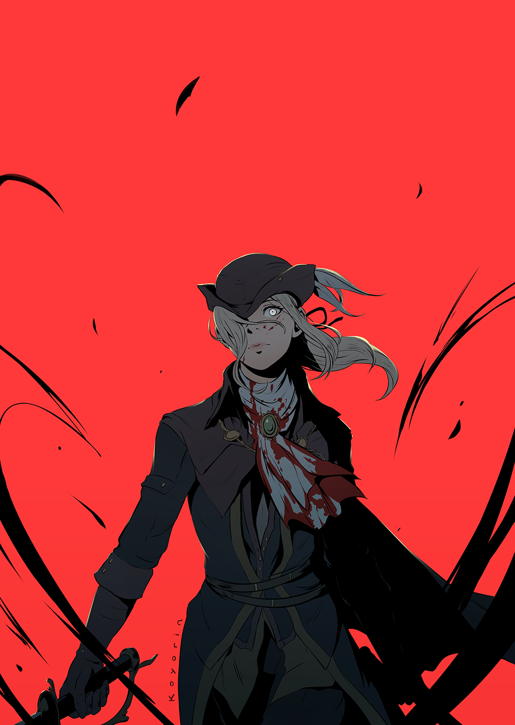 1girl blood bloodborne closed_mouth crazy_eyes gloves hair_over_one_eye hat highres koyorin lady_maria_of_the_astral_clocktower lips long_hair looking_at_viewer ponytail red_background solo sword tricorne weapon white_hair wind